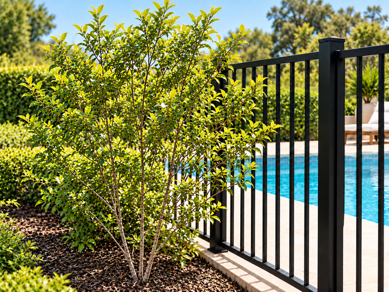 Lightweight shrub with flexible stems that collapse under weight rather than provide a climbing point near a pool fence.