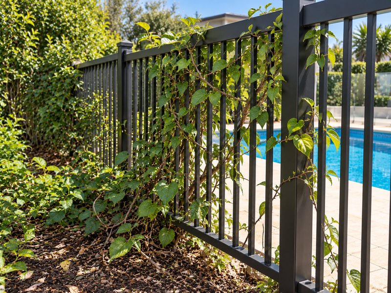 Climbing vines wrapped around vertical pool fence bars, creating potential climbing points.